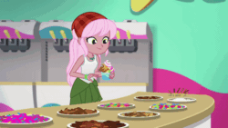 Size: 800x450 | Tagged: safe, screencap, raspberry lilac, bird, blue jay, human, squirrel, equestria girls, g4, my little pony equestria girls: choose your own ending, tip toppings, tip toppings: fluttershy, animal, animated, bandana, candy, clothes, cup, eating, female, flying, food, froyo, frozen yogurt, frozen yogurt machine, frozen yogurt shop, gif, gummy worm, jewelry, looking around, necklace, pink hair, run away, scared, shocked, sleeveless, table, tank top, toppings