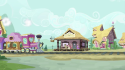Size: 1334x750 | Tagged: safe, screencap, amethyst star, doctor whooves, roseluck, sparkler, time turner, earth pony, pony, dragon dropped, g4, friendship express, ponies standing next to each other, train station