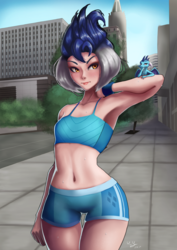 Size: 848x1200 | Tagged: safe, artist:the-park, princess ember, dragon, human, g4, armpits, belly button, booty shorts, breasts, building, clothes, delicious flat chest, female, fit, flat ember, human dragondox, humanized, midriff, slender, solo, sports bra, sports shorts, street, sweat, thigh gap, thin, tomboy, tracksuit, tree