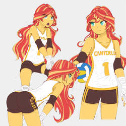Size: 1791x1791 | Tagged: safe, artist:dragonemperror2810, sunset shimmer, human, equestria girls, anime, armpits, ass, ball, bandage, bent over, breasts, bunset shimmer, butt, clothes, exhausted, female, green eyes, gym shorts, happy, long hair, multicolored hair, open mouth, panting, rear view, serious, shorts, smiling, solo, sports, sporty style, standing, sweat, tomboy, turquoise eyes, volleyball, volleyball shorts, yellow skin