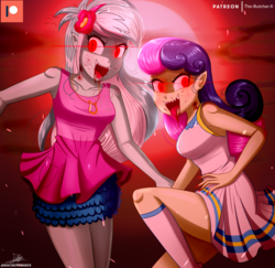 Size: 1470x1430 | Tagged: safe, artist:the-butch-x, bon bon, lyra heartstrings, sweetie drops, vampire, equestria girls, g4, background human, blood, blood moon, clothes, dark sky, duo, fangs, moon, open mouth, patreon, patreon logo, red eyes, signature, tongue out