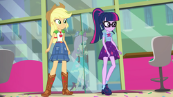 Size: 1280x720 | Tagged: safe, screencap, applejack, fluttershy, sci-twi, twilight sparkle, bird, equestria girls, g4, my little pony equestria girls: choose your own ending, tip toppings, animal, applejack's hat, boots, chair, clothes, cowboy boots, cowboy hat, cropped, denim skirt, female, frozen yogurt shop, geode of super strength, geode of telekinesis, glass door, glasses, hat, legs, magical geodes, ponytail, shoes, skirt, socks, stetson, store