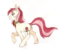 Size: 1383x1140 | Tagged: safe, artist:lunnitavaldez, roseluck, earth pony, pony, g4, butt, collar, commissioner:doom9454, female, mare, pet tag, plot, pony pet, rosebutt, rosepet, simple background, solo, traditional art, white background