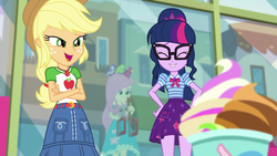 Size: 1280x720 | Tagged: safe, screencap, applejack, fluttershy, pinkie pie, sci-twi, twilight sparkle, bird, equestria girls, g4, my little pony equestria girls: choose your own ending, tip toppings, applejack's hat, belt, clothes, cowboy hat, cute, cutie mark on clothes, denim skirt, dress, eyes closed, female, food, freckles, froyo, frozen yogurt, frozen yogurt shop, geode of super strength, geode of telekinesis, glasses, hat, magical geodes, offscreen character, ponytail, sci-twi skirt, skirt, smiling, stetson, store