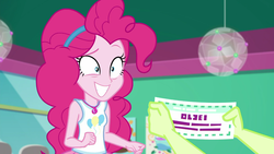 Size: 1280x720 | Tagged: safe, screencap, pinkie pie, equestria girls, equestria girls series, g4, tip toppings, spoiler:choose your own ending (season 2), spoiler:eqg series (season 2), clothes, coupon, female, geode of sugar bombs, happy, magical geodes, offscreen character, smiling