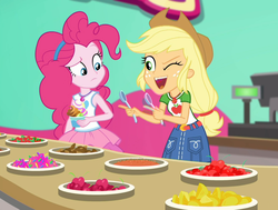 Size: 1428x1080 | Tagged: safe, screencap, applejack, pinkie pie, equestria girls, equestria girls series, g4, tip toppings, tip toppings: applejack, spoiler:choose your own ending (season 2), spoiler:eqg series (season 2), applejack's hat, candy, cash register, cherry, clothes, cowboy hat, cropped, denim skirt, duo, duo female, female, food, froyo, frozen yogurt, fruit, geode of sugar bombs, geode of super strength, gummy worm, hat, magical geodes, one eye closed, open mouth, skirt, smiling, spoon, sprinkles, toppings, wink