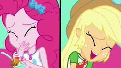 Size: 1920x1080 | Tagged: safe, screencap, applejack, pinkie pie, equestria girls, g4, my little pony equestria girls: choose your own ending, tip toppings, tip toppings: applejack, animated, applejack's hat, cowboy hat, cute, diapinkes, eating, female, froyo, frozen yogurt, geode of sugar bombs, geode of super strength, hat, jackabetes, laughing, magical geodes, smiling, sound, spoon, sucker, webm