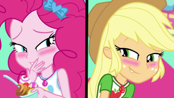 Size: 1280x720 | Tagged: safe, edit, edited screencap, editor:mr. gumball, screencap, applejack, pinkie pie, equestria girls, g4, my little pony equestria girls: choose your own ending, tip toppings, tip toppings: applejack, blushing, cup, female, food, froyo, frozen yogurt, geode of sugar bombs, geode of super strength, lesbian, magical geodes, ship:applepie, shipping, split screen, two sides