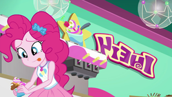 Size: 1280x720 | Tagged: safe, screencap, pinkie pie, equestria girls, g4, my little pony equestria girls: choose your own ending, tip toppings, clothes, cute, diapinkes, female, froyo, frozen yogurt, frozen yogurt machine, geode of sugar bombs, magical geodes, skirt, tongue out, written equestrian