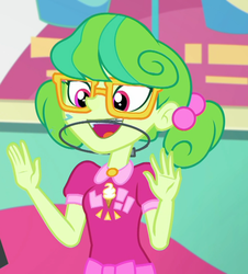 Size: 976x1080 | Tagged: safe, screencap, stella sprinkles, equestria girls, g4, my little pony equestria girls: choose your own ending, tip toppings, adorkable, braces, cashier, cropped, cute, dork, female, glasses, happy, open mouth, orthodontic headgear, smiling, spittle