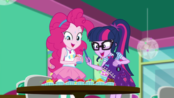 Size: 1280x720 | Tagged: safe, screencap, pinkie pie, sci-twi, twilight sparkle, equestria girls, g4, my little pony equestria girls: choose your own ending, tip toppings, tip toppings: twilight sparkle, adorkable, clothes, cute, diapinkes, dork, double helix, froyo, frozen yogurt, geode of sugar bombs, geode of telekinesis, glasses, magical geodes, notebook, ponytail, sci-twi skirt, skirt, table, twiabetes