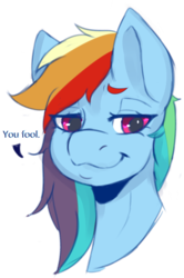 Size: 1840x2776 | Tagged: safe, artist:dovecake, rainbow dash, pony, g4, bust, dialogue, female, mare, simple background, smug, solo, text, transparent background, you fool