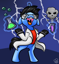 Size: 1024x1100 | Tagged: safe, artist:sabrib, oc, oc only, oc:tinker doo, pony, unicorn, bipedal, clothes, cute, glasses, lab coat, mad scientist, male, open mouth, scientist, solo