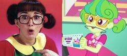 Size: 796x351 | Tagged: safe, screencap, stella sprinkles, equestria girls, g4, my little pony equestria girls: choose your own ending, tip toppings, braces, comparison, el chavo del 8, female, glasses, la chilindrina, orthodontic headgear