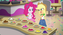 Size: 1280x720 | Tagged: safe, screencap, applejack, pinkie pie, equestria girls, g4, my little pony equestria girls: choose your own ending, tip toppings, tip toppings: applejack, applejack's hat, belt, clothes, cowboy hat, cup, denim skirt, female, freckles, froyo, frozen yogurt, geode of sugar bombs, geode of super strength, hat, magical geodes, skirt, stetson, toppings