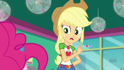 Size: 1280x720 | Tagged: safe, screencap, applejack, pinkie pie, equestria girls, g4, my little pony equestria girls: choose your own ending, tip toppings, tip toppings: applejack, applejack's hat, belt, candy, clothes, cowboy hat, denim skirt, female, food, freckles, geode of super strength, hat, magical geodes, offscreen character, skirt, spoon, stetson