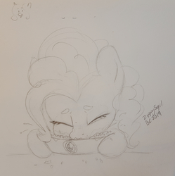 Size: 1825x1836 | Tagged: safe, artist:zippysqrl, pinkie pie, pony, bronycon, bronycon 2019, g4, beanbrows, bust, chipotle, eating, eyebrows, eyes closed, female, grayscale, monochrome, out of character, sketch, solo, traditional art