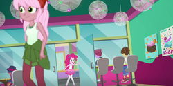 Size: 1280x639 | Tagged: safe, screencap, ginger owlseye, pinkie pie, raspberry lilac, wiz kid, equestria girls, g4, my little pony equestria girls: choose your own ending, tip toppings, background human, clothes, converse, fedora, female, geode of sugar bombs, hat, magical geodes, male, pants, pantyhose, shoes, skirt, sleeveless, store, tank top
