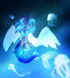 Size: 900x1000 | Tagged: safe, oc, oc only, jellyfish, merpony, sea pony, seapony (g4), blue mane, bubble, crepuscular rays, dorsal fin, fish tail, flowing tail, ocean, signature, solo, swimming, tail, underwater, water, wings