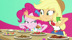 Size: 1920x1080 | Tagged: safe, edit, edited screencap, screencap, applejack, pinkie pie, equestria girls, g4, my little pony equestria girls: choose your own ending, tip toppings, tip toppings: applejack, animated, applejack's hat, candy, cowboy hat, female, food, froyo, frozen yogurt, fruit, geode of sugar bombs, geode of super strength, hat, magical geodes, no sound, spoon, toppings, webm