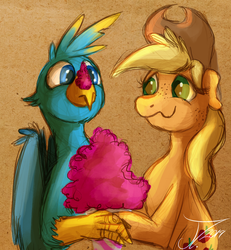 Size: 1044x1128 | Tagged: safe, artist:jamescorck, applejack, gallus, earth pony, griffon, pony, g4, cotton candy, crack shipping, galljack, holding hooves, older gallus, shipping, snickering, wings