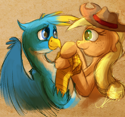 Size: 1014x952 | Tagged: safe, artist:jamescorck, applejack, gallus, earth pony, griffon, pony, g4, crack shipping, female, galljack, griffon x pony, hat, holding hooves, interspecies, looking at each other, male, mare, older gallus, shipping, straight, wings