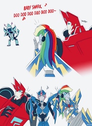 Size: 770x1050 | Tagged: safe, artist:elioo, rainbow dash, cybertronian, equestria girls, g4, arcee, autobot, baby shark song, crossover, decepticon, equestria bots, hammerstrike, sideswipe, species swap, transformerfied, transformers, transformers prime, transformers robots in disguise (2015)