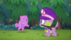 Size: 1366x768 | Tagged: safe, screencap, princess thunder guts, spike, spike the regular dog, dog, equestria girls, equestria girls series, g4, lost and pound, spoiler:choose your own ending (season 2), spoiler:eqg series (season 2), cute, female, happy, hat, lost and pound: spike, male, shipping, spikabetes, spike's festival hat, spunder, stick, straight, tail