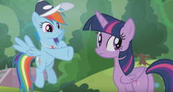Size: 1366x724 | Tagged: safe, screencap, rainbow dash, twilight sparkle, alicorn, pony, 2 4 6 greaaat, g4, cap, coach rainbow dash, hat, looking back, outdoors, pointing, twilight sparkle (alicorn), whistle