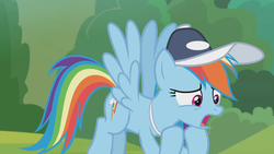 Size: 1366x768 | Tagged: safe, screencap, rainbow dash, pony, 2 4 6 greaaat, g4, cap, coach rainbow dash, female, hat, mare, outdoors, solo, whistle, worried