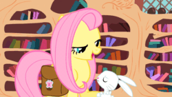 Size: 960x540 | Tagged: safe, screencap, angel bunny, fluttershy, pegasus, pony, rabbit, g4, just for sidekicks, animal, animated, boop, cute, gif, golden oaks library, shyabetes