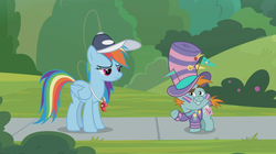 Size: 1366x766 | Tagged: safe, screencap, rainbow dash, snips, pony, 2 4 6 greaaat, g4, cap, coach rainbow dash, face paint, flag, hat, outdoors, sidewalk, top hat, whistle