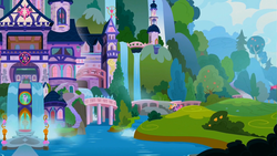 Size: 1920x1080 | Tagged: safe, screencap, fluttershy, pinkie pie, snails, twilight sparkle, alicorn, pony, 2 4 6 greaaat, g4, lake, mountain, nature, scenery, school of friendship, twilight sparkle (alicorn), waterfall