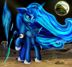 Size: 1400x1300 | Tagged: safe, artist:xeniusfms, princess luna, alicorn, pony, g4, female, mare, moon, planet, raised hoof, serious, serious face, solo, space, sword, weapon