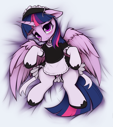 Size: 966x1081 | Tagged: safe, artist:hitbass, twilight sparkle, alicorn, pony, g4, blushing, clothes, cute, daaaaaaaaaaaw, female, floppy ears, looking at you, maid, mare, on back, shoes, smiling, solo, stockings, thigh highs, twiabetes, twilight sparkle (alicorn)