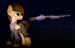 Size: 2871x1821 | Tagged: safe, artist:luxsimx, oc, oc only, oc:the hunter, pegasus, pony, amulet, armband, clothes, commission, ear fluff, gun, jewelry, male, solo, stallion, uniform, weapon