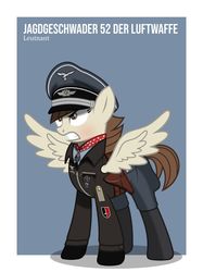 Size: 1024x1366 | Tagged: safe, artist:brony-works, pegasus, pony, blue background, boots, clothes, female, fighter pilot, gritted teeth, hat, holster, jacket, leather jacket, luftwaffe, mare, nazi germany, pants, shoes, simple background, solo, spread wings, wings, world war ii
