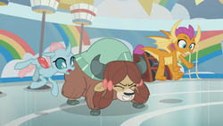 Size: 1366x768 | Tagged: safe, screencap, ocellus, smolder, yona, changedling, changeling, dragon, yak, 2 4 6 greaaat, g4, bow, bucket, cloven hooves, dragoness, earthquake, excited, female, gym, hair bow, jumping, monkey swings, pole, rainbow, trio