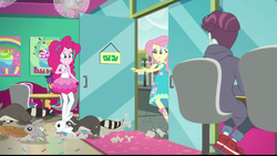 Size: 720x405 | Tagged: safe, screencap, angel bunny, fluttershy, ginger owlseye, pinkie pie, track starr, rabbit, raccoon, squirrel, equestria girls, equestria girls series, g4, tip toppings, tip toppings: fluttershy, spoiler:choose your own ending (season 2), spoiler:eqg series (season 2), animal, background human, chair, clothes, female, frozen yogurt shop, geode of fauna, geode of sugar bombs, glass door, magical geodes, male, sign, table, this will end in chaos, this will not end well