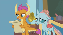 Size: 1366x768 | Tagged: safe, screencap, ocellus, smolder, 2 4 6 greaaat, g4, bored, gramophone, numbers, reading, scroll, subtitles