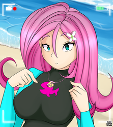 Size: 4000x4500 | Tagged: safe, artist:caoscore, fluttershy, human, equestria girls, equestria girls series, forgotten friendship, g4, beach, breasts, busty fluttershy, camcorder, camera, cute, female, geode of fauna, magical geodes, shyabetes, solo, wetsuit