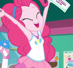Size: 1166x1080 | Tagged: safe, screencap, pinkie pie, equestria girls, equestria girls series, g4, tip toppings, spoiler:choose your own ending (season 2), spoiler:eqg series (season 2), armpits, arms in the air, clothes, coupon, cropped, cute, diapinkes, eyes closed, female, geode of sugar bombs, happy, magical geodes, open mouth, shoes, solo, tank top