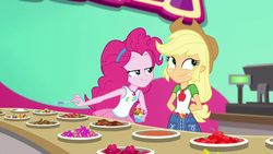 Size: 1920x1080 | Tagged: safe, screencap, applejack, pinkie pie, equestria girls, g4, my little pony equestria girls: choose your own ending, tip toppings, tip toppings: applejack, applejack's hat, arm behind back, candy, cash register, cherry, chocolate, clothes, cowboy hat, cup, cute, food, freckles, froyo, frozen yogurt, fruit, geode of sugar bombs, geode of super strength, hat, jackabetes, looking at someone, looking away, magical geodes, smiling, spoon, table, toppings