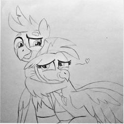 Size: 2356x2346 | Tagged: safe, artist:ejlightning007arts, gallus, silverstream, classical hippogriff, griffon, hippogriff, g4, cute, diastreamies, female, gallabetes, high res, hug, jewelry, male, necklace, ship:gallstream, shipper on deck, shipping, straight, traditional art