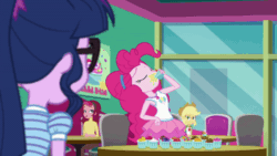 Size: 800x450 | Tagged: safe, screencap, applejack, pinkie pie, sci-twi, twilight sparkle, equestria girls, g4, my little pony equestria girls: better together, tip toppings, tip toppings: twilight sparkle, animated, background human, chair, cup, drinking, female, froyo, frozen yogurt, geode of sugar bombs, geode of super strength, geode of telekinesis, gif, glasses, laughing, licking, licking lips, looking at someone, magical geodes, messy, messy eating, table, tongue out, toppings
