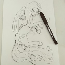 Size: 1767x1767 | Tagged: safe, artist:ardilya, fluttershy, pegasus, pony, g4, black and white, blushing, female, fluffy, grayscale, lineart, looking at you, lying, monochrome, on side, solo, traditional art