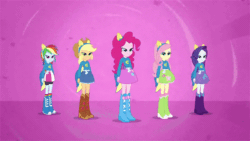 Size: 600x338 | Tagged: safe, screencap, applejack, fluttershy, pinkie pie, rainbow dash, rarity, equestria girls, g4, my little pony equestria girls, animated, boots, female, gif, hand on knee, helping twilight win the crown, high heel boots, humane five, jumping, shoes, squatting