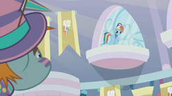 Size: 1364x766 | Tagged: safe, screencap, rainbow dash, snips, pony, 2 4 6 greaaat, g4, banner, butt, cap, coach rainbow dash, face paint, flag, hat, looking up, plot, rainbow dash's cutie mark, top hat, whistle, window