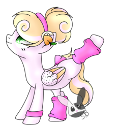 Size: 862x927 | Tagged: safe, artist:solomonbunny, oc, oc only, oc:peaches 'n cream, pegasus, pony, active stretch, blank flank, bow, female, flexible, food, headband, leg warmers, mare, peach, raised hoof, raised leg, simple background, solo, tail bow, tail wrap, transparent background, watermark, wristband