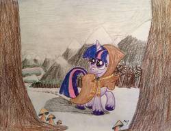 Size: 1020x783 | Tagged: safe, artist:mopar96, clover the clever, twilight sparkle, pony, unicorn, g4, 2018, cloak, clothes, cloud, cloudy, clover, equestria, female, forest, hearth's warming, hearth's warming eve, mountain, mushroom, snow, solo, traditional art, tree, winter